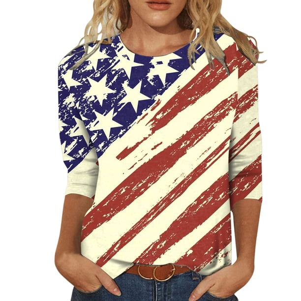 Moda para mujer Cuello redondo Casual Tres cuartos Estampado de bandera Tops Camiseta Blusa Pompotops FGAJ2279