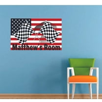 American Flag Race Racing Cartoon Customized Wall Decal - Custom Vinyl Wall Art - Personalized Name - Baby Girls Boys Kids Bedroom Wall Decal Room Decor Wall Stickers Decoration Size (18x20 inch)