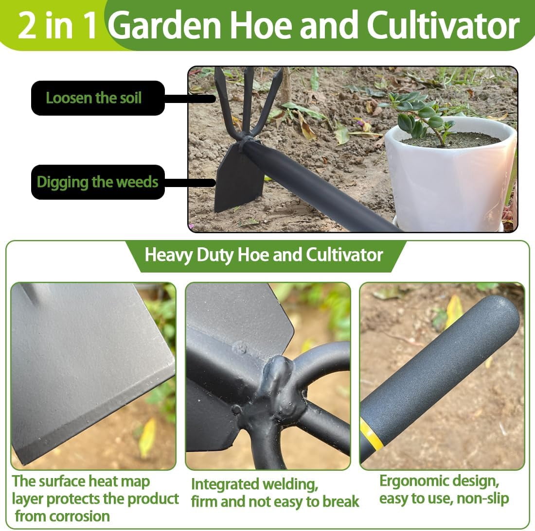 Garden Hoe and Cultivator, Long Heavy Duty Hand with Tiller, 2 Section Handle, Carbon Steel Blade, Cultivator Tools for Loosening Soil, Digging