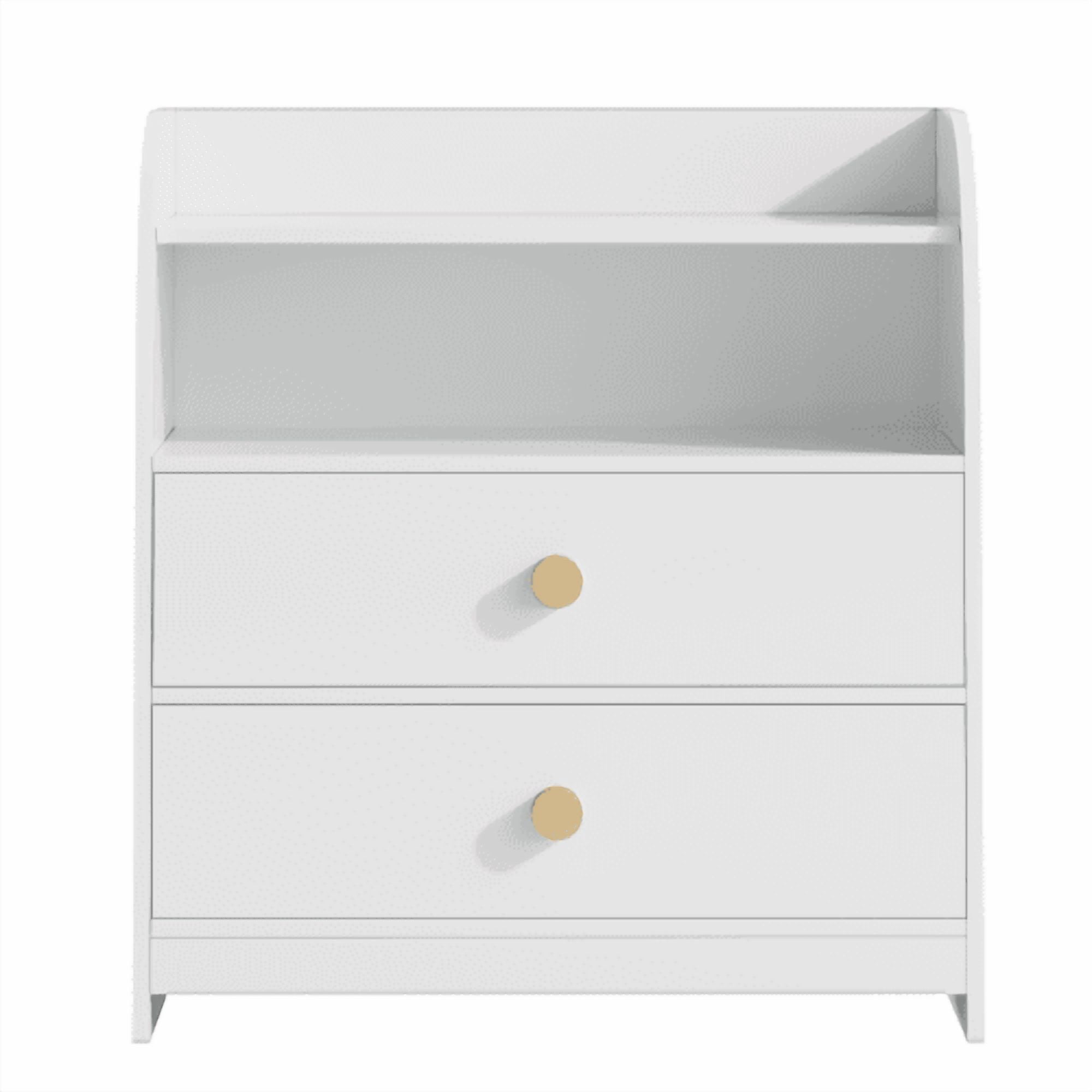 Nightstand with 2 Drawers and Open Shelf, MDF Bedside Table with Curved Side Panels, Modern End Table for Bedroom, Kids Room, Nursery, Living Room, Storage Cabinet, White