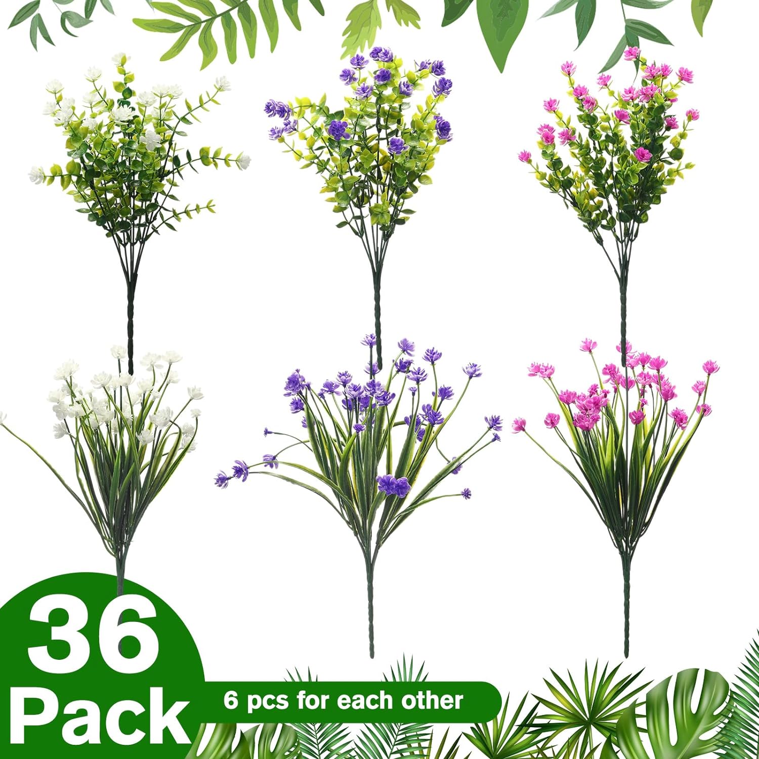 36 Bundles Artificial Flowers Outdoor, UV Resistant Faux Artificial Plants Shrubs Flower Bulk for Hanging Planter Porch Window Home Wedding Spring Summer Decor (Bright Colors)