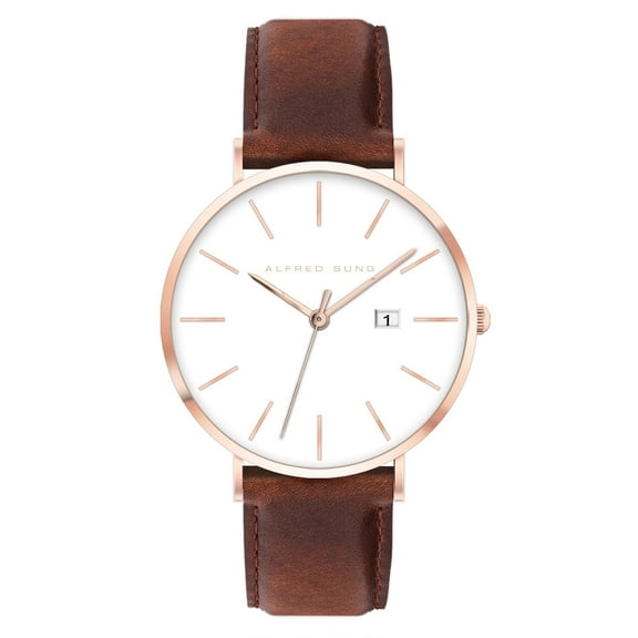Alfred Sung Men's Metropolitan Rose Gold Date White Dial Leather Watch