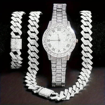 Fashion Diamond Watch for Men Iced Out Wristwatch Band Trim Hip Hop Necklace Set