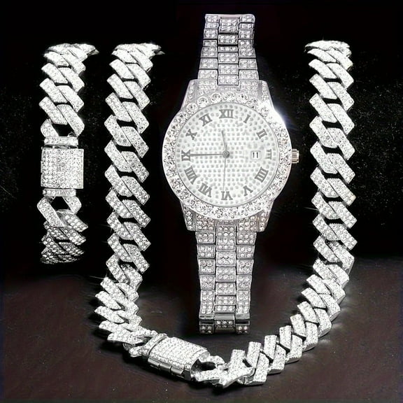 Fashion Diamond Watch for Men Iced Out Wristwatch Band Trim Hip Hop Necklace Set