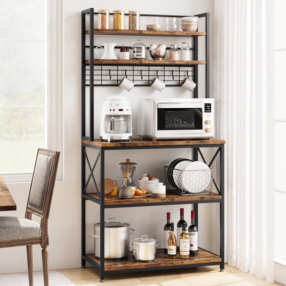 Garvee Kitchen Bakers Rack, Microwave Oven Stand with Large Storage, Industrial Coffee Bar Station, 5-Tier Kitchen Utility Storage Shelf with 6 Hooks