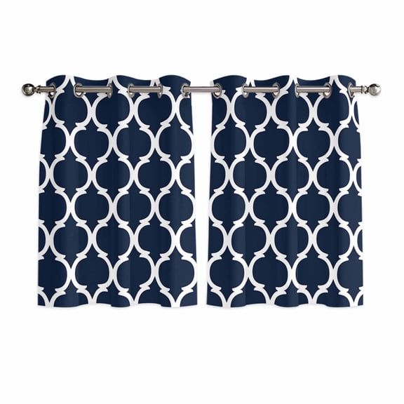 Navy Blue Morocco Pattern Kitchen Curtains Short 54 Inch Length, White Moroccan Geometric Art Grommet Top Bedroom Living Room Curtains, Light Filtering Cafe Curtain Drapes 2 Panels Set 84''x54''