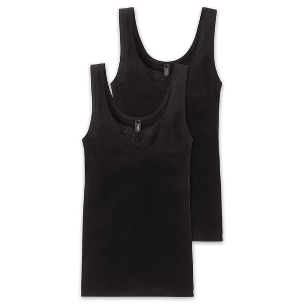 SCHIESSER Camisetas interiores para mujer, pack de 2 - «Cotton Essentials», camiseta sin mangas, algodón Negro 2XL (XX-Large)