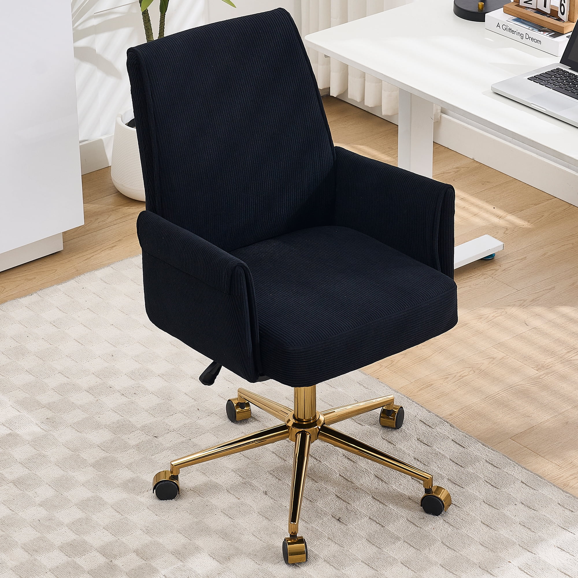 Mid Back Office Chair with Ergonomic Design, Fabric Lumbar Support, Adjustable Golden Base for Desk Work, Black