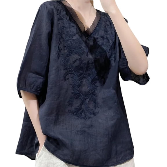 Women's Short Sleeve T-shirt Embroidered Tops For Women Floral Cotton Linen Tunic Tshirt Tee Women 3/4 Sleeve V Neck Button Boho Ethnic,Blue Women's Short sleeve T-shirt XL