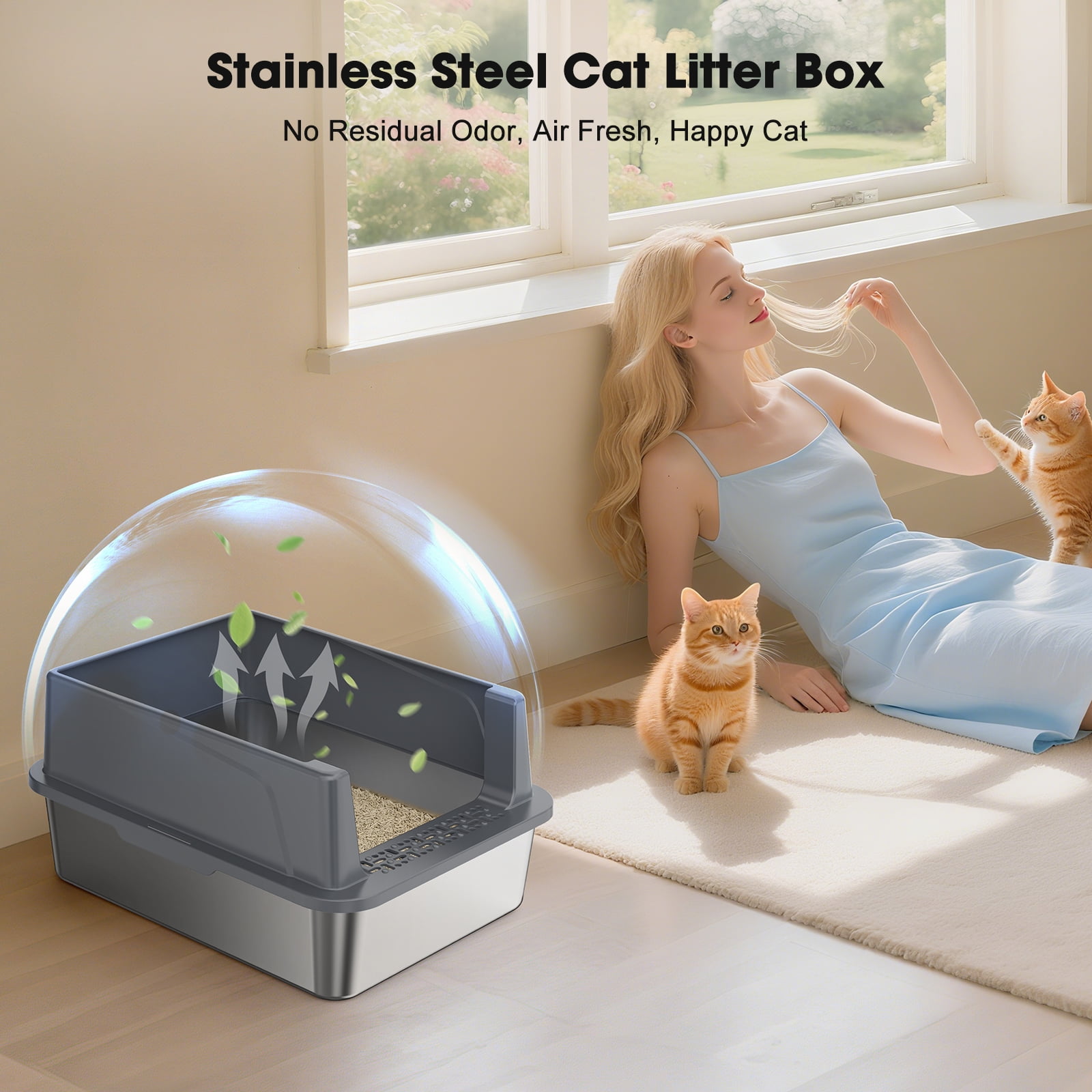 Stainless Steel Litter Box with High Sides: Top Entry Cat Litter Box for Small Mulit Big Cat, Anti-Urine Leakage, Non-Stick Bottom, 17in, Dark gray