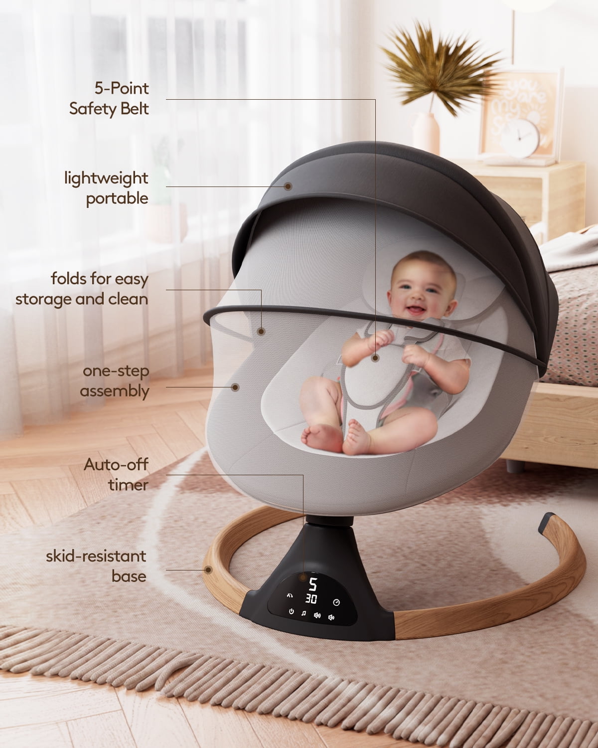 Babyomi Baby Swing for Infant, Electric Bluetooth Swing Rocker with 5 Sway Speeds& 10 nursery rhyme , Black