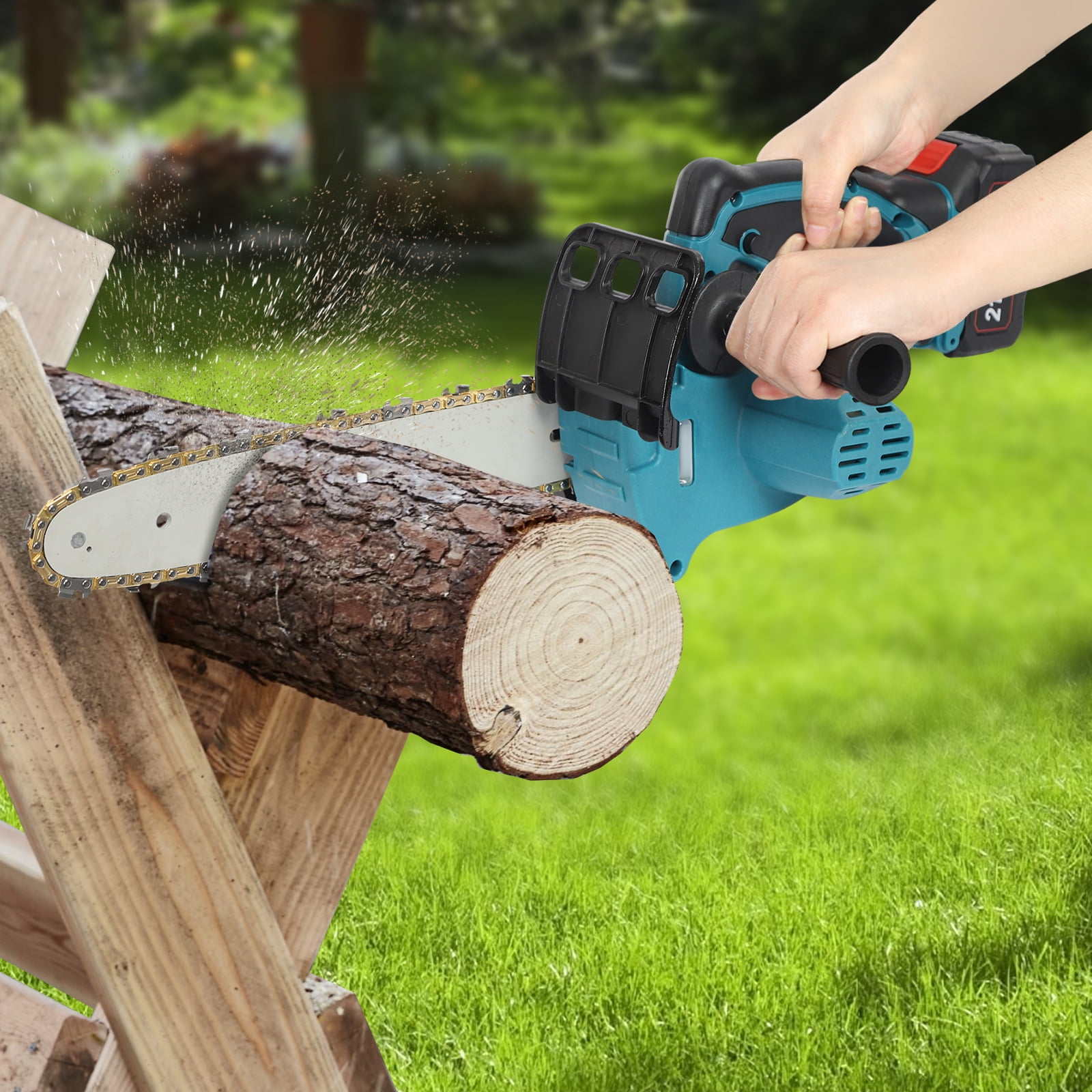 Lithium-Ion Electric Chainsaw with Sub-handle – SK5 Manganese Steel Chain, 32.81ft/s Cutting Speed, Blue – for Garden Pruning