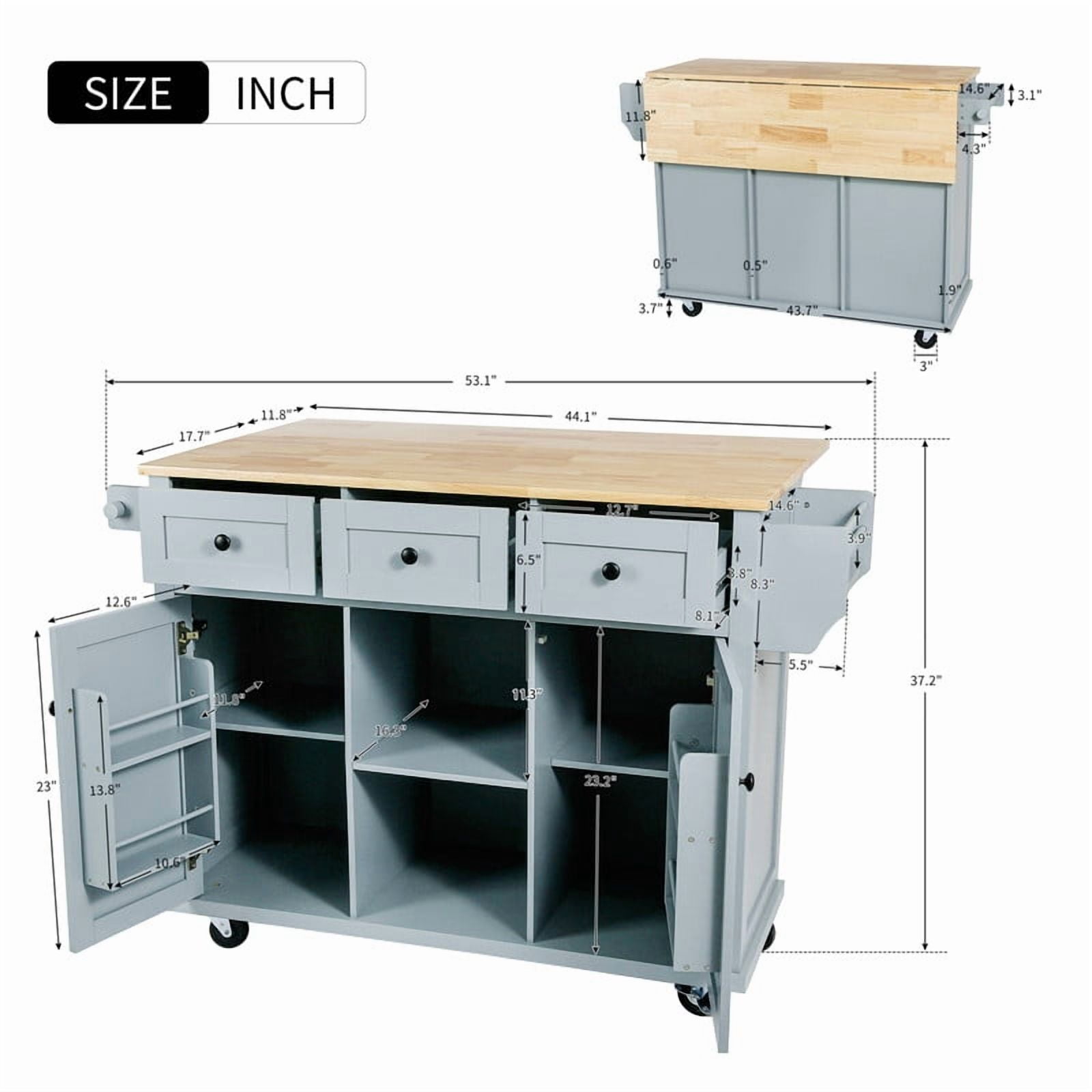 HICOMILA Kitchen Island Cart with Drop Leaf, Rolling Kitchen Island on Wheels with Storage Cabinet, Rubber Wood Countertop, 5 Drawers & Cabinet Door Storage Racks, Blue
