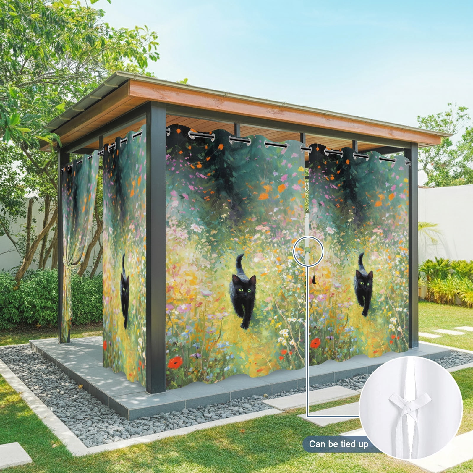 Black Cat Outdoor Curtains for Patio, Colorful Floral Wildflowers Garden Boho Sunshade Privacy Drapes Grommet Waterproof Outside Curtains for Porch/Cabana/Balcony 54"x 108", 1 Panel