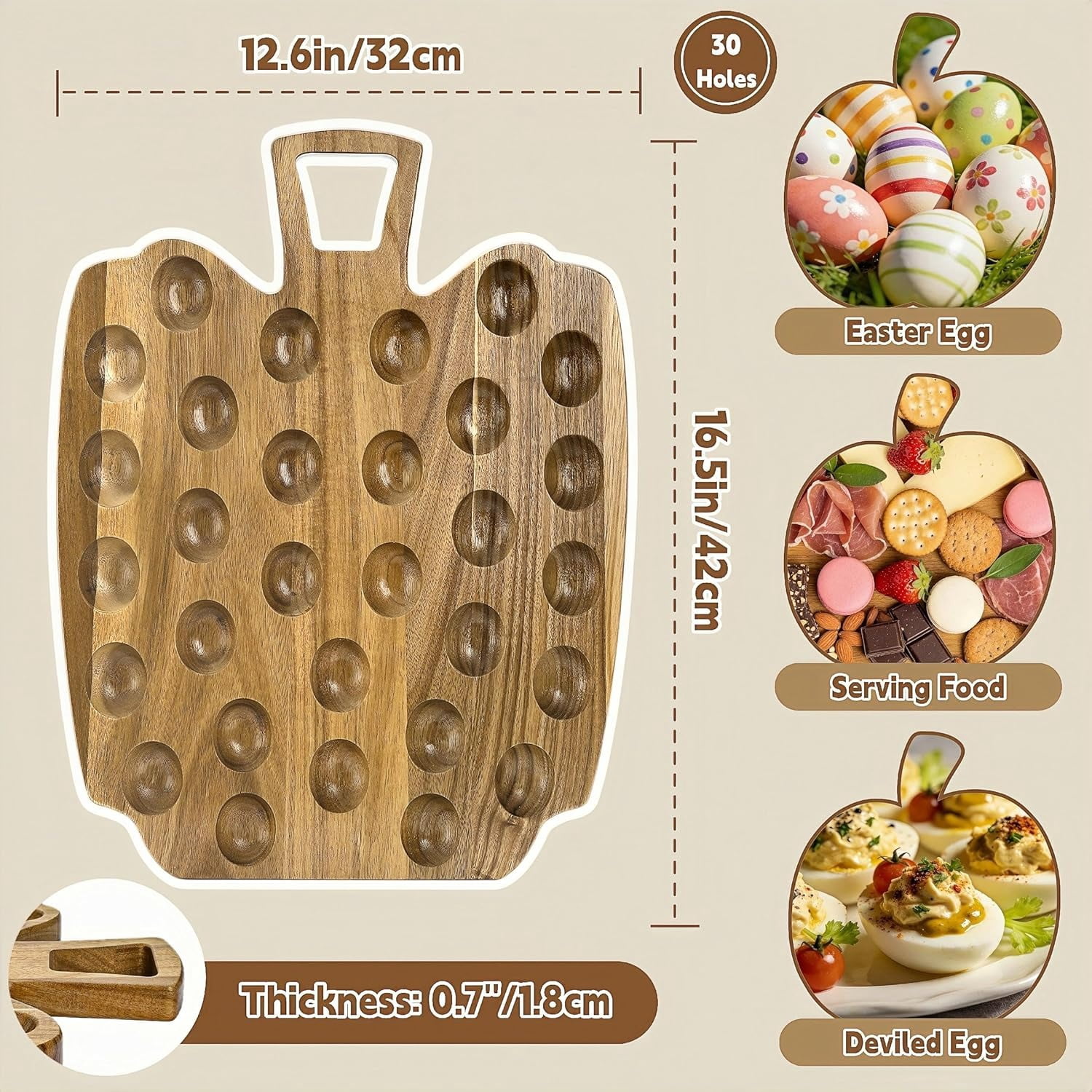 30 Holes Acacia Wood Deviled Egg Platter, Deviled Egg Tray Holder with Handle, Reversible Apple-Shaped Cheese Board, Serving Tray Carrier for Kitchen , Easter, 13 x
