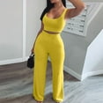 thumbnail image 4 of HUANBAI Two Piece Sets For Women Summer Outfits Sets Neck Tops Wide Leg Crop Pants Vacation Travel Outfits Women's Solid Sleeveless Scoop Neck Crop Tank Top Casual Sleepwear, 4 of 4