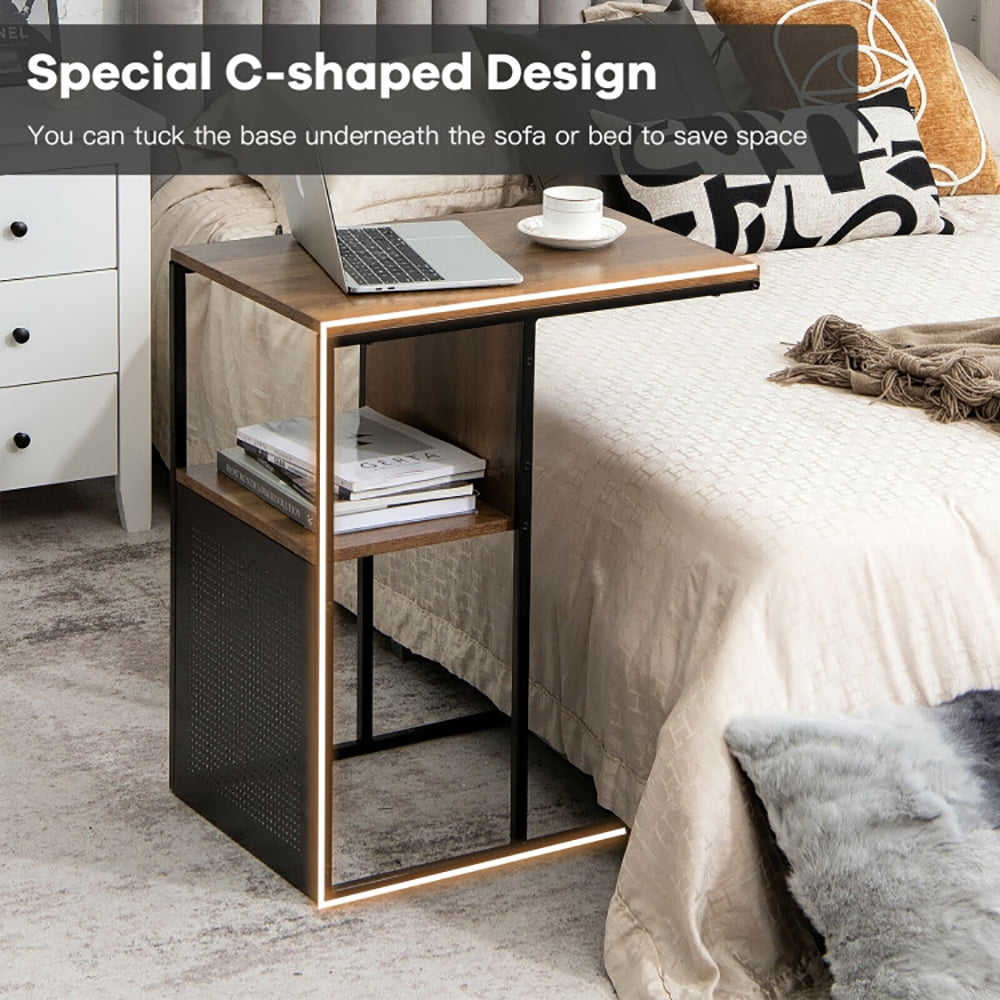 Finihen End Side Table, 2-Tier C-Shaped Reversible End Table with Wooden Shelf, for Living Room, Bedroom, Brown Finihen End Side Table, 2-Tier C-Shaped Reversible End Table with Wooden Shelf, for Living Room, Bedroom, Brown