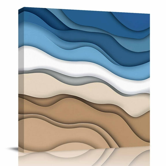 Canvas Print Wall Art Oil Paintings Abstract Blue Brown Gradient Picture Prints Artwork for Living Room Kitchen Bathroom Bedroom,Stretched and Framed Ready to Hang,Ocean Water Ripple Stripe Texture