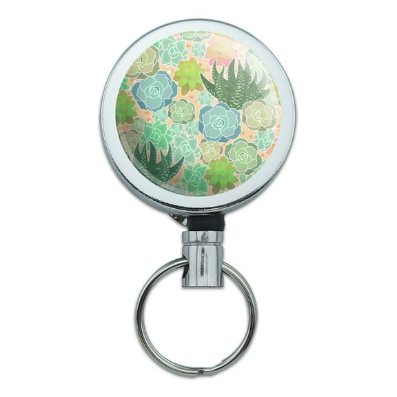 Succulent Cactus Aloe Plants Pattern Heavy Duty Metal Retractable Reel ID Badge Key Card Tag Holder with Belt Clip