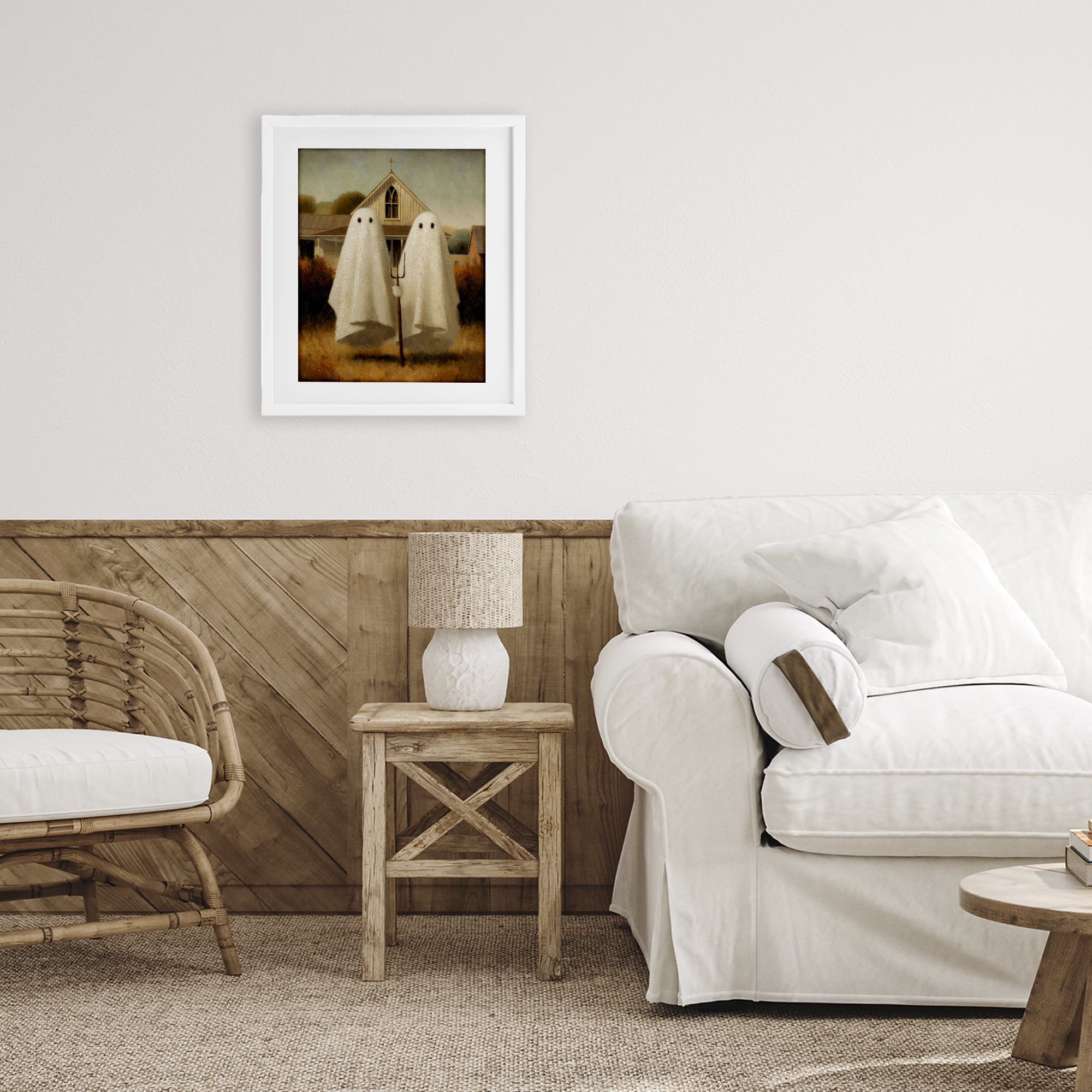 American Gothic Ghosts White Framed Print Under Glass, design by Arlington Prints