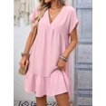 thumbnail image 4 of Women'S Short Sleeve V Neck Ruffle Hem Solid Swing Smock Dress Pink S, 4 of 9