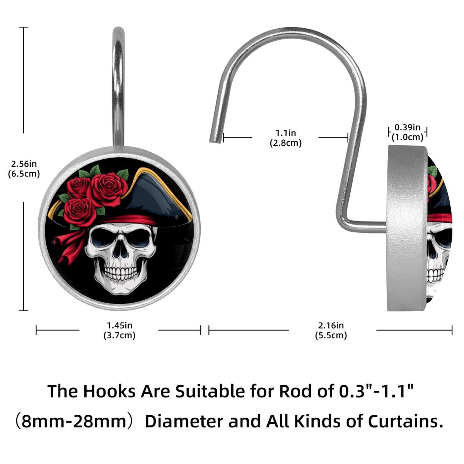 12pcs Decorative Shower Curtain Hooks, Rust Resistant Shower Rings for Bathroom Living Room,Rustproof Stainless Steel Rings for Shower Curtain and Liner Rods,Red Rose Skull