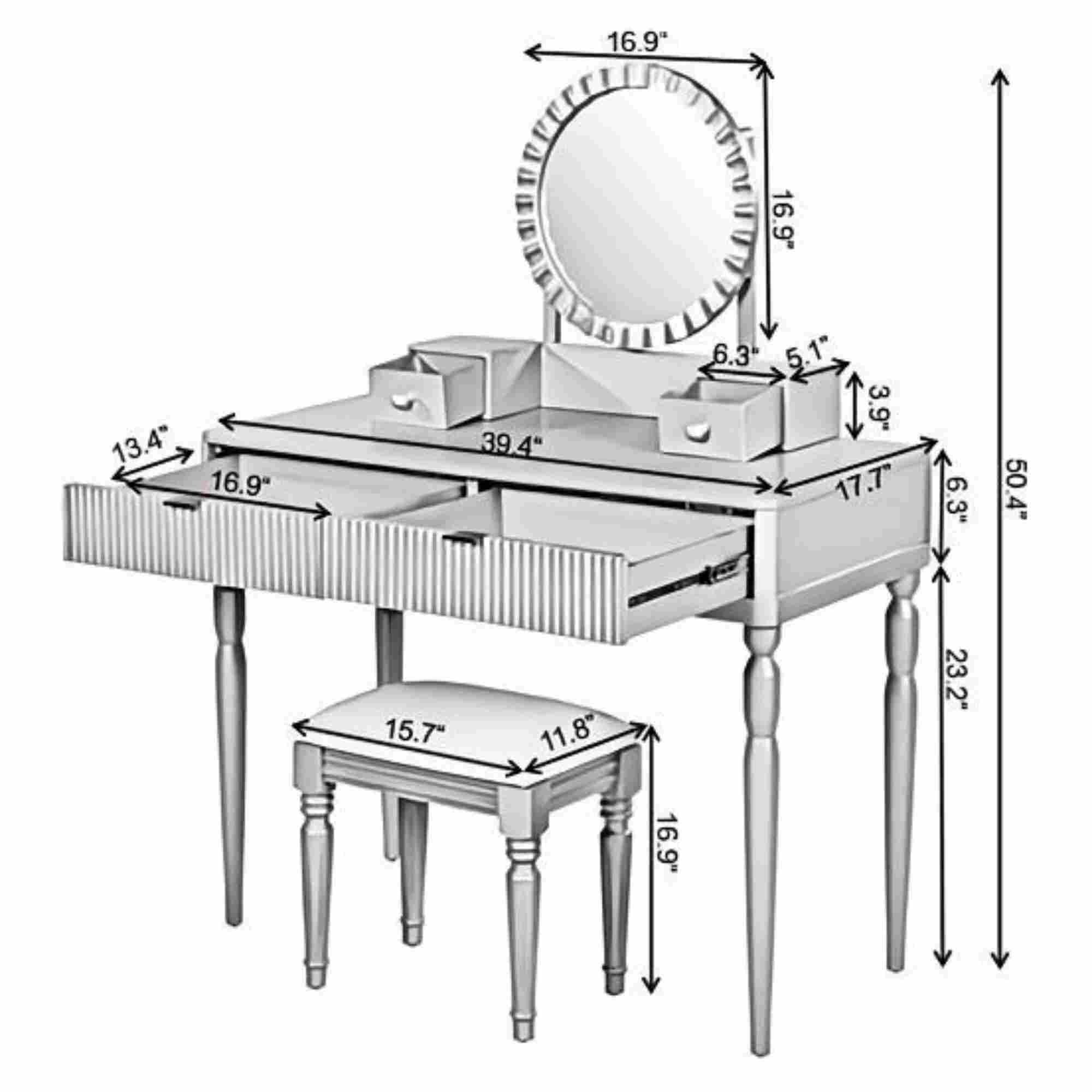 AENKYO Vanity Table with Stool & Adjustable Mirror, Vintage Modern Solid Wood Makeup Desk with 4-Drawer, Silver