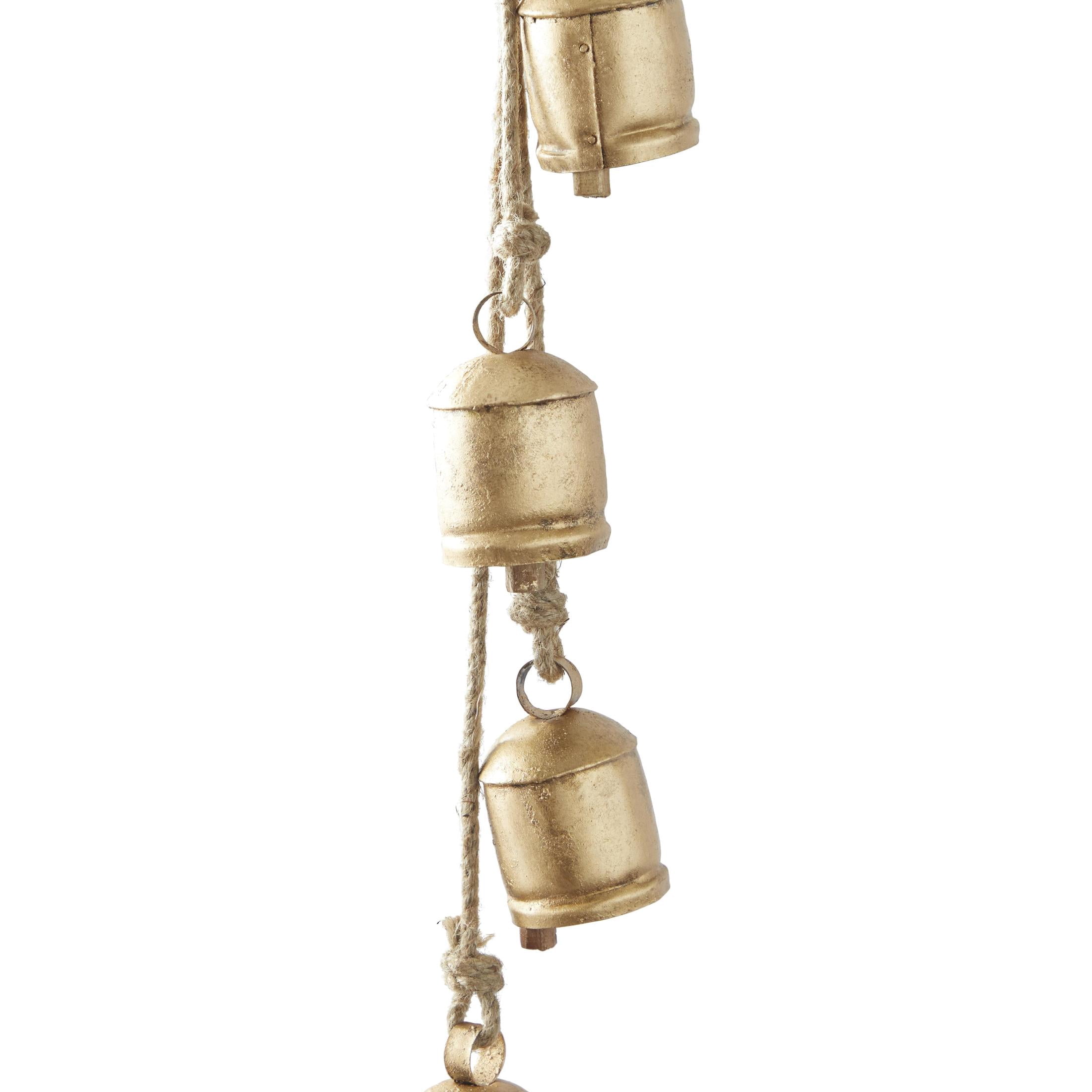 DecMode Tibetan Inspired Cascading Gold Metal Cylindrical Decorative Cow Bells with 4 Bells on Jute Hanging Rope