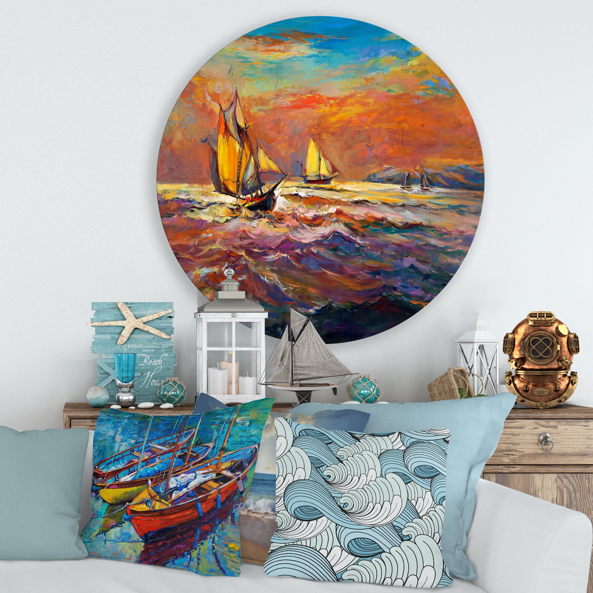 Designart 'Sailships On The Ocean Waves During Orange Evening Glow' Nautical & Coastal Circle Metal Wall Art 36x36 - Disc of 36