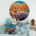 thumbnail image 2 of Designart 'Sailships On The Ocean Waves During Orange Evening Glow' Nautical & Coastal Circle Metal Wall Art 36x36 - Disc of 36, 2 of 5