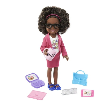 Barbie Chelsea Can Be Anything Boss Doll in Pink Suit with Curly Hair, Brown Eyes & 6 Accessories, 5.5 in