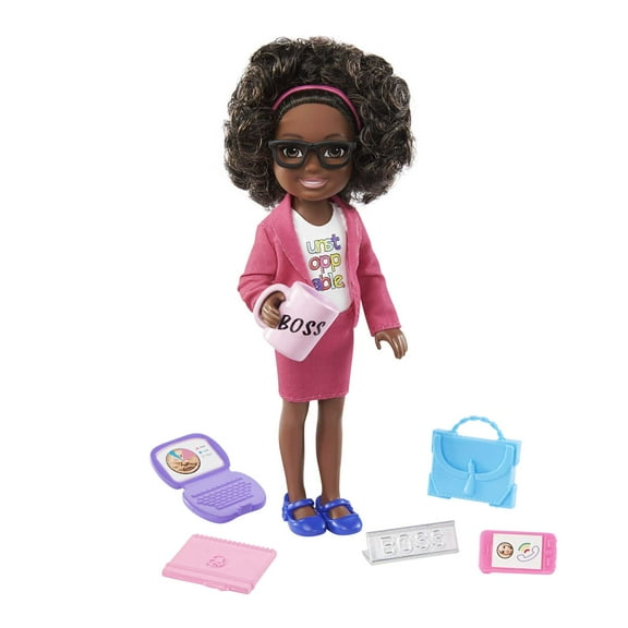 Barbie Chelsea Can Be Anything Boss Doll in Pink Suit with Curly Hair, Brown Eyes & 6 Accessories, 5.5 in