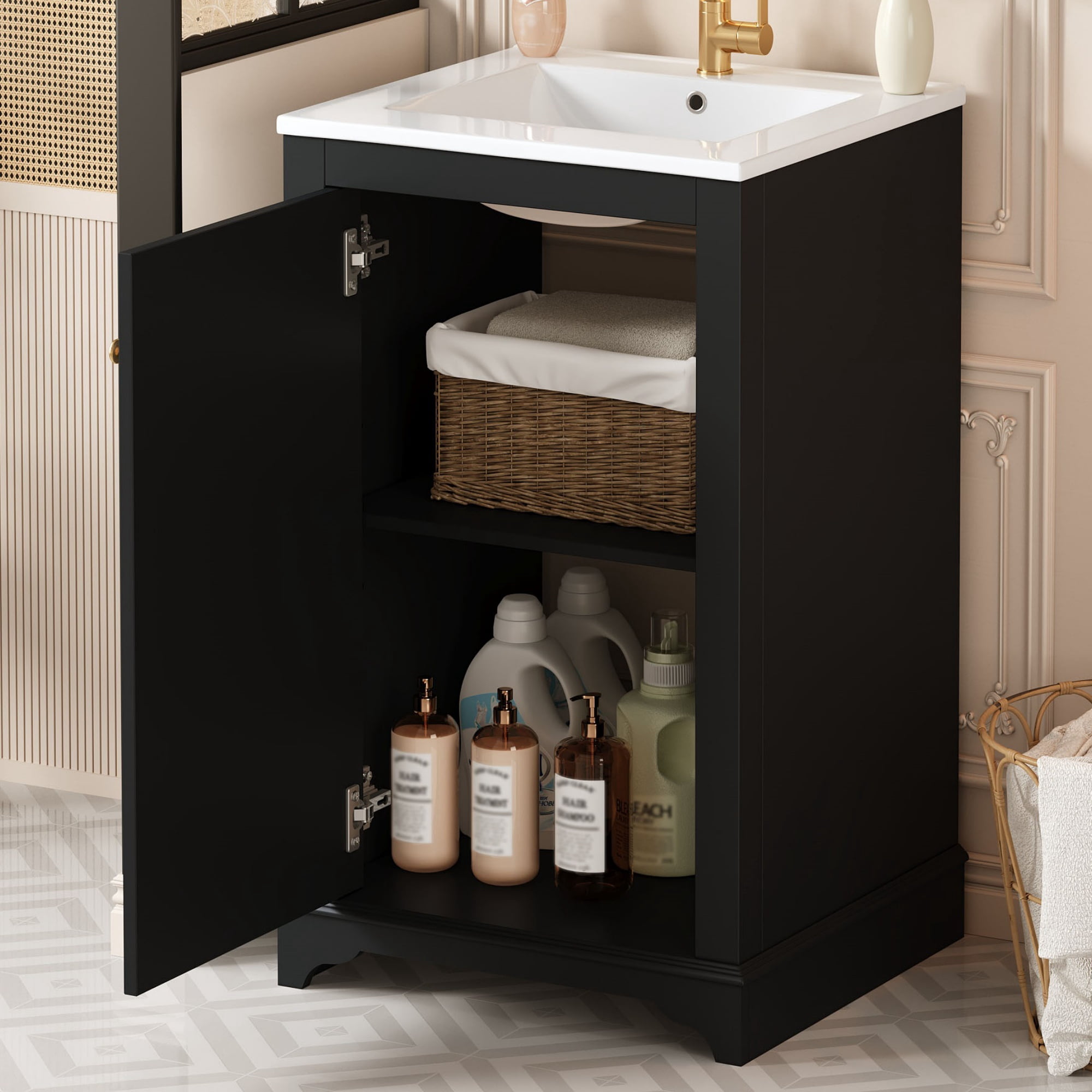 Euroco 20-inch Bathroom Vanity with Ceramic Sink, Freetanding Single Vanity Set with Soft Closing Door, adjustable shelf, Modern Style, Black.