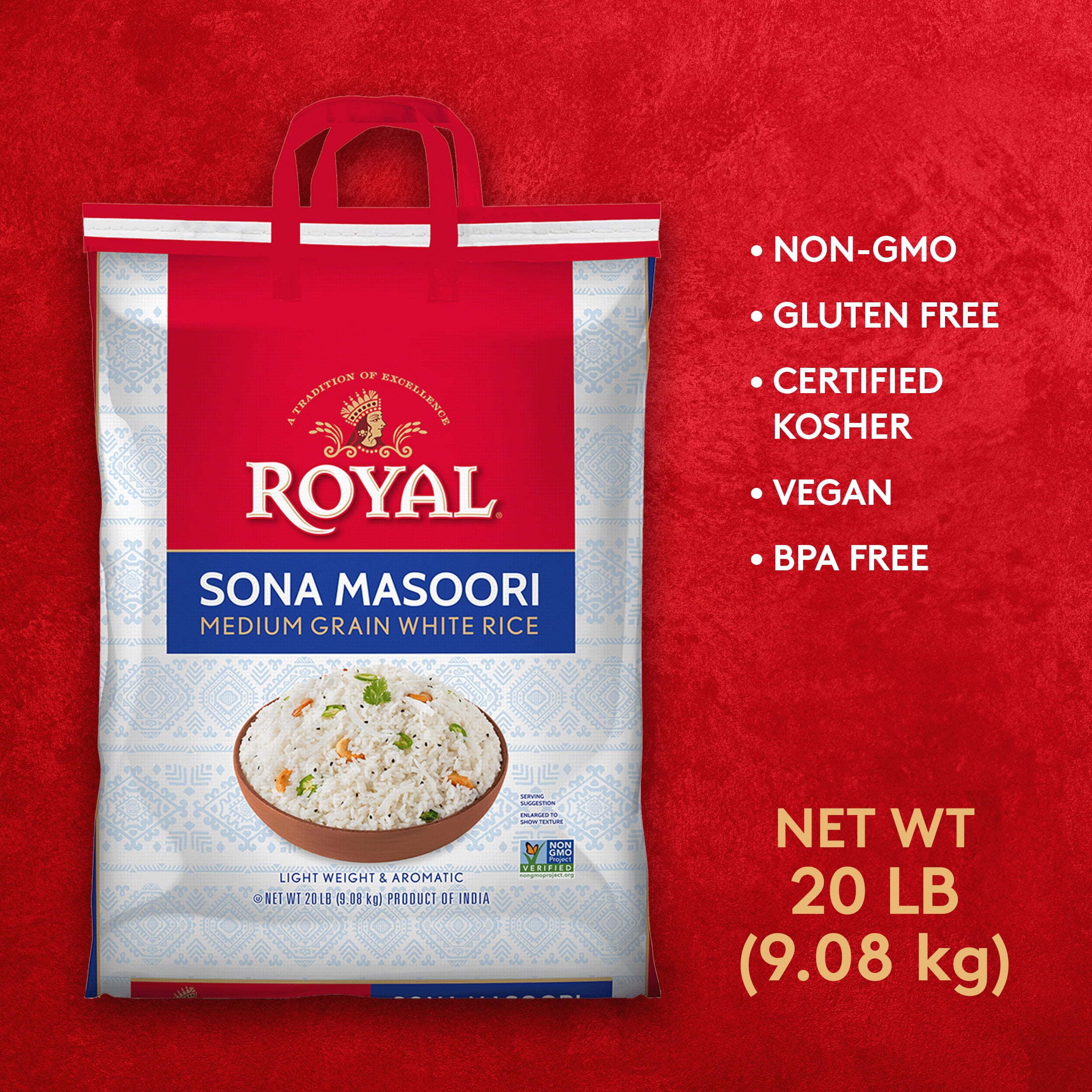 Royal Sona Masoori Medium Grain White Rice, Bulk Bag, 20 Lb Bulk Bag