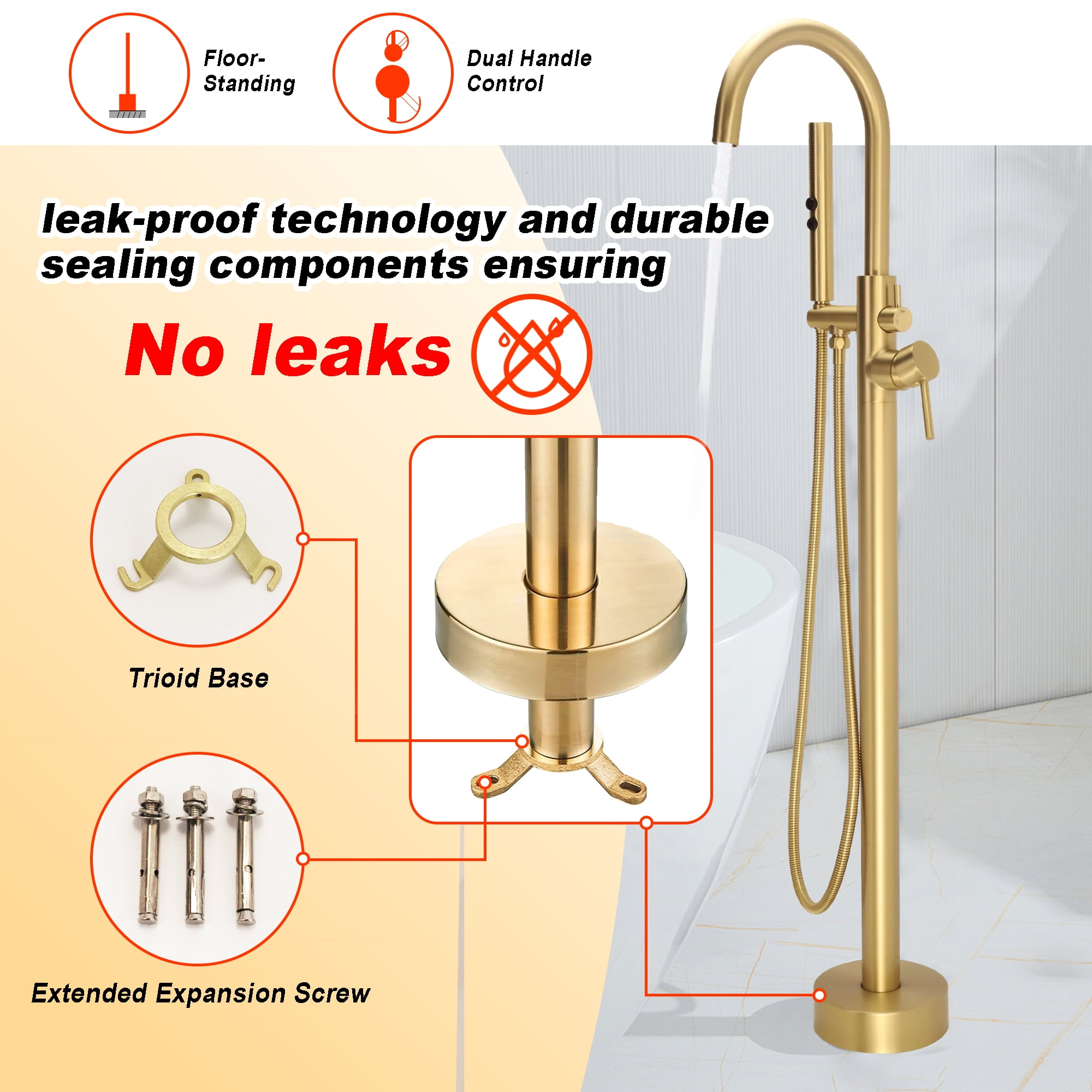 SUNRINX Freestanding Tub Faucet, 2-Handle Freestanding Tub Faucets with Brass Two-Function Handshower, Max 6 GPM Floor Mount Tub Filler Bathtub Faucet with 360° Swivel Spout, Brushed Brass