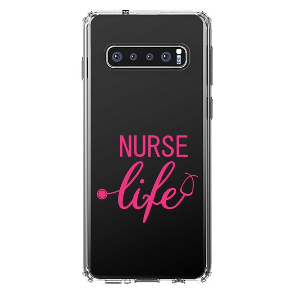 DistinctInk Clear Shockproof Hybrid Case for Samsung Galaxy S10  PLUS (6.4" Screen) - TPU Bumper Acrylic Back Tempered Glass Screen Protector - Nurse Life Stethoscope Pink
