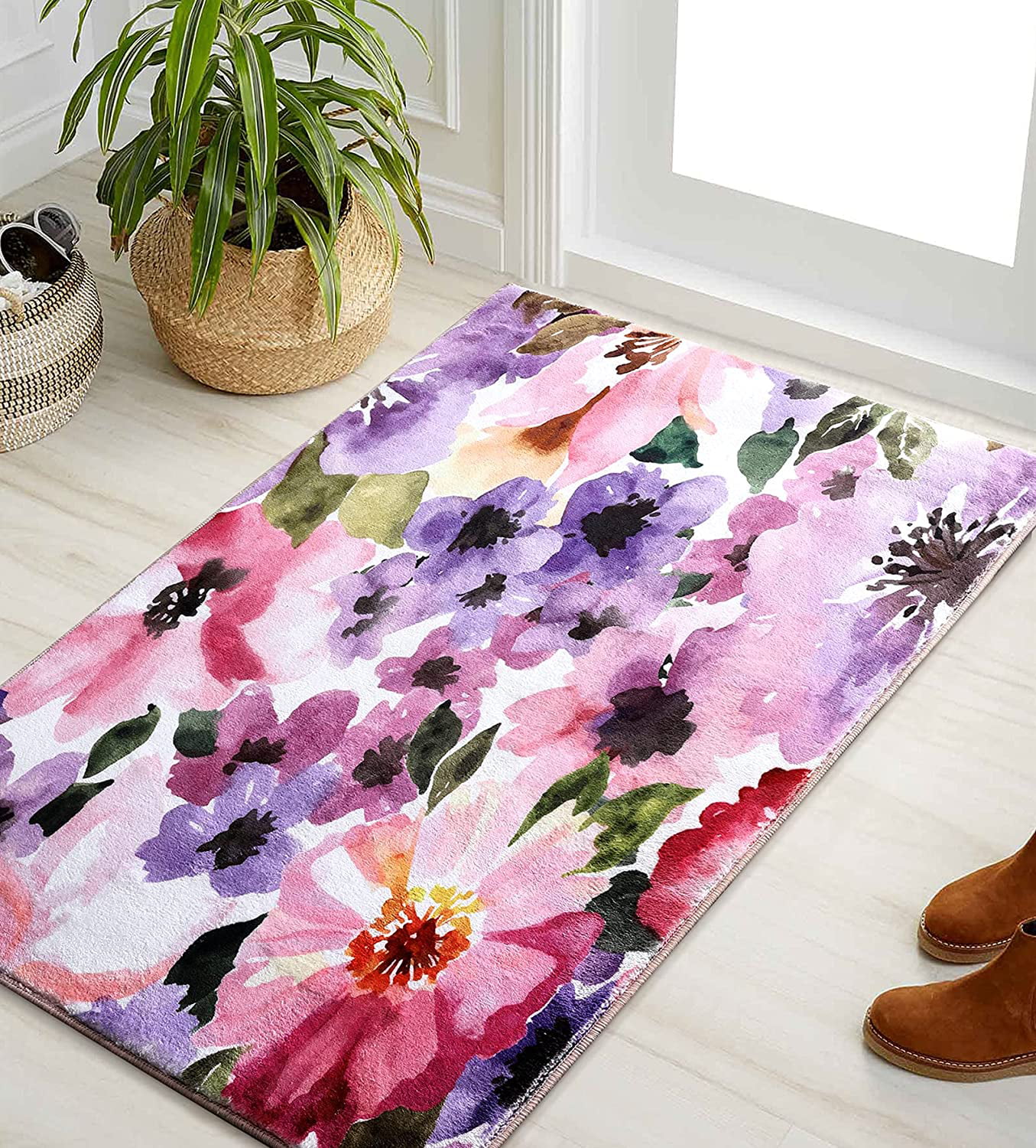 Designer Rug With Floral Pattern Glitter Yarn Black Purple Rugs Runner Carpets 