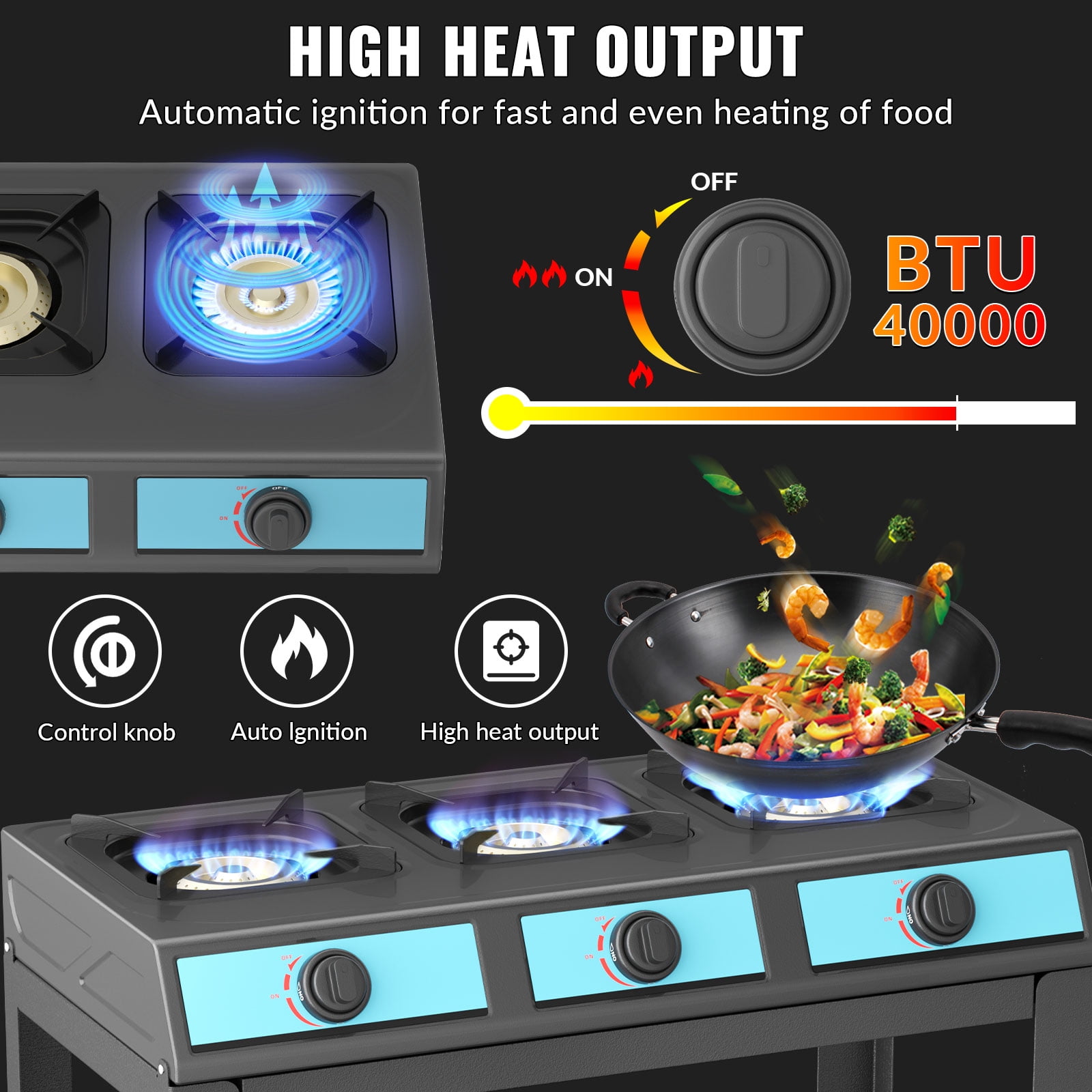 Propane Gas Stove-40000BTU Portable Gas Stove, with Removable Leg,Auto Ignition Camping Stove,3 Burner Propane Burner for RV, Apartment, Outdoor