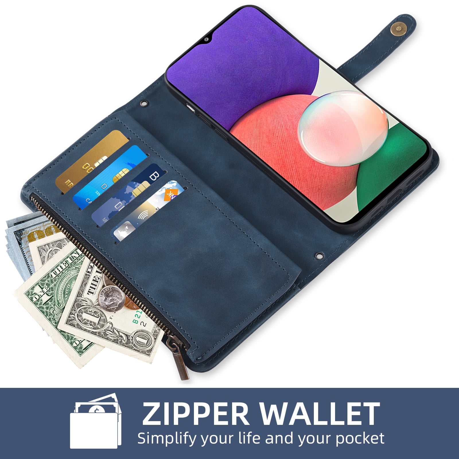 Asuwish Phone Case for Samsung Galaxy A22 5G Wallet Cover With Tempered Glass Screen Protector Crossbody Wrist Strap Flip Pattern Zipper Credit Card Holder Stand Cell A 22 22A A22s G5 Women Men Blue