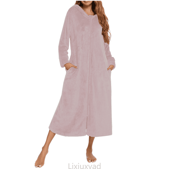 Lixiuxyad Soft Flannel Long Sleeve Zip Up Sleepwear Robe For Cozy Loungewear With Pockets Home Wearable Blanket For Relaxation Womens Nightwear L