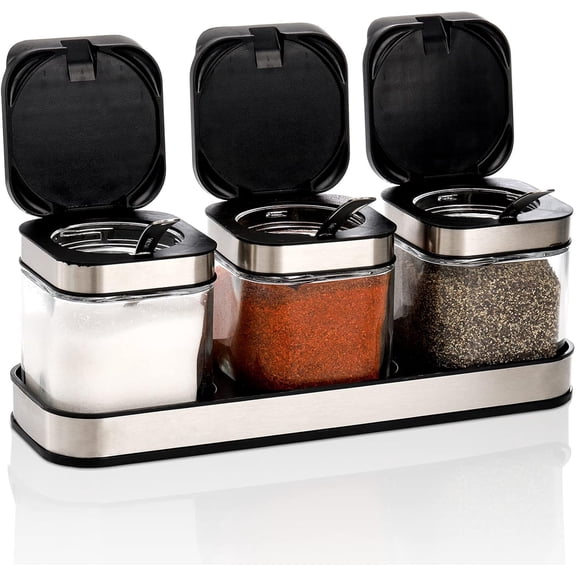 Dompilc 3 Pack Glass Seasoning Box with Tray, Clear Condiment Canister with 18/10 Stainless Steel Lid and Spoon, Kitchen Spice Pot with Base, Salt Pepper Sugar Storage Container Jar Cruet for Desk