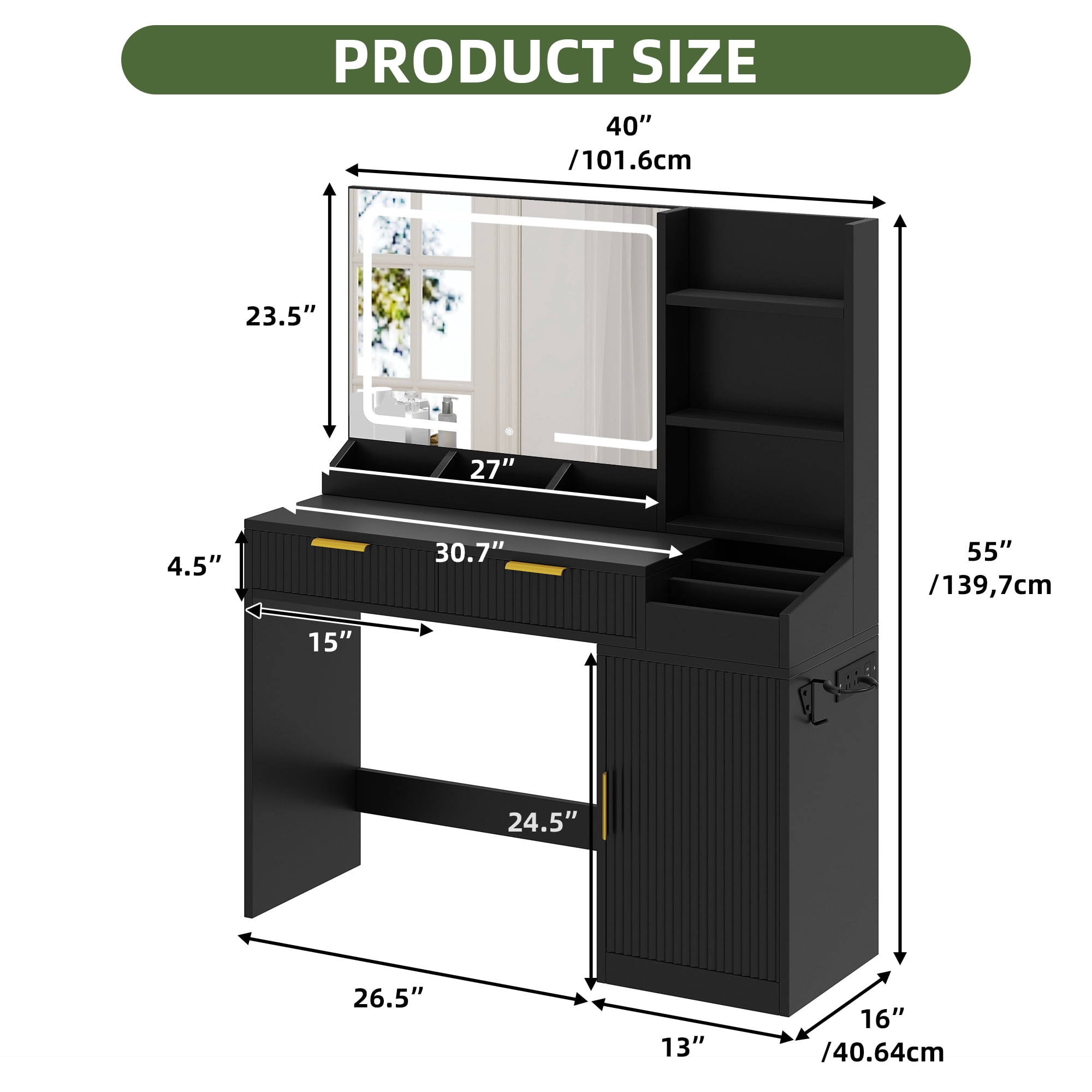 Uforic Vanity Desk with Mirror and LED Lights, Makeup Vanity Table with 2 Drawers & 11 Shelves, Makeup Table with Power Outlet for Bedroom Dressing Room,Black