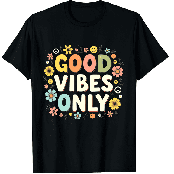 Good Vibes Only Peace Sign Love 60s 70s Retro Groovy Hippie Graphic Black T-Shirt for Men and Women