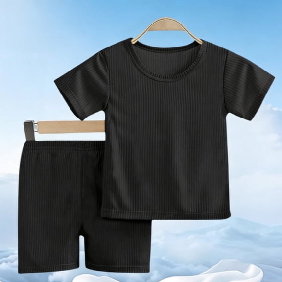 BRGZLK Toddler Baby Girl Sets Summer Solid Color Clothes Ribbed Knit Cute Short Sleeves Lightweight Loungewear Comfortable 2 Pieces Set Black 1-2 Years