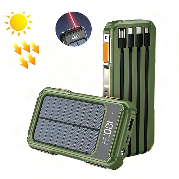Hotpom 20000mAh Solar Power Bank, Portable Charger with 4 Built in Cables, LED Digital Display and Laser Light, Outdoor External Battery Pack for iPhone & Samsung, Green