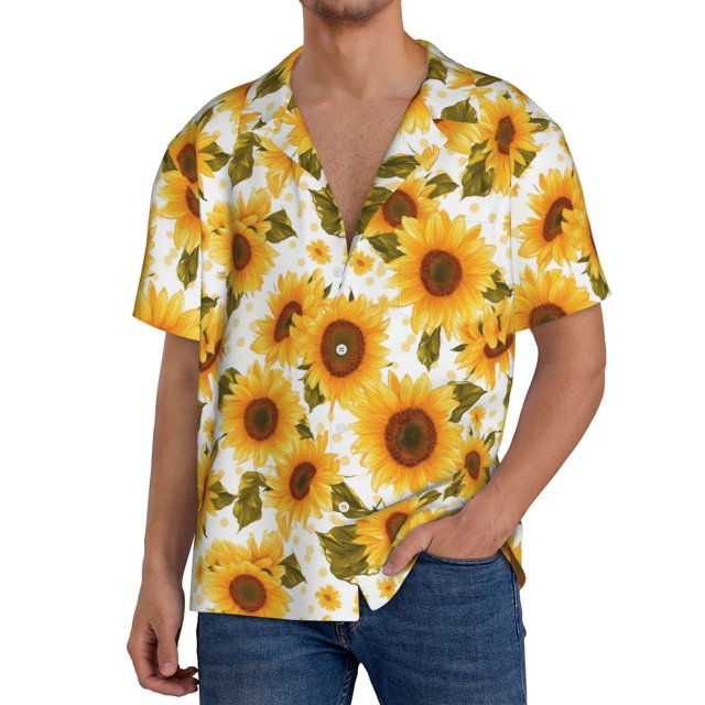 Fotbe Modern Elegant Sunflower Camisa Estampada de Manga Corta para Hombre, Casual de Verano, Estilo Playero, Sin Arrugas-XX-Large