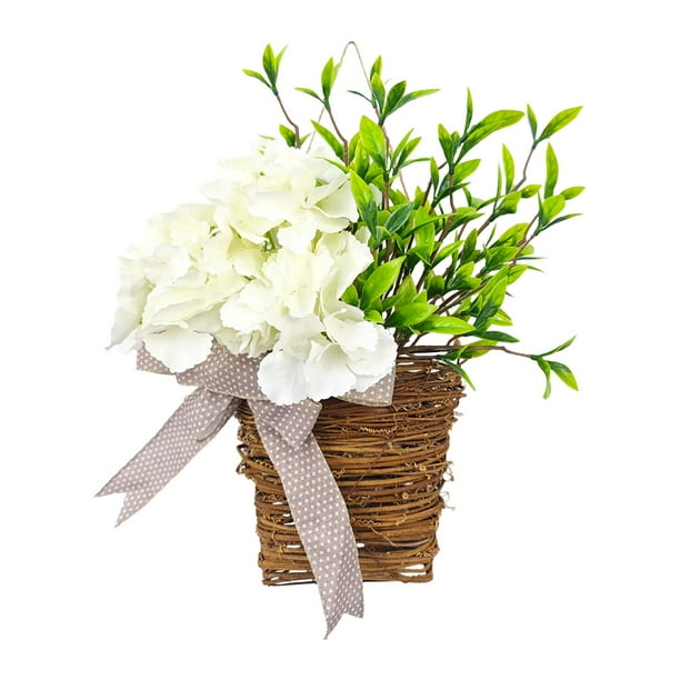Cesta de flores para puerta principal, colgador de puerta de crema, decoraciones de primavera, corona de primavera y verano