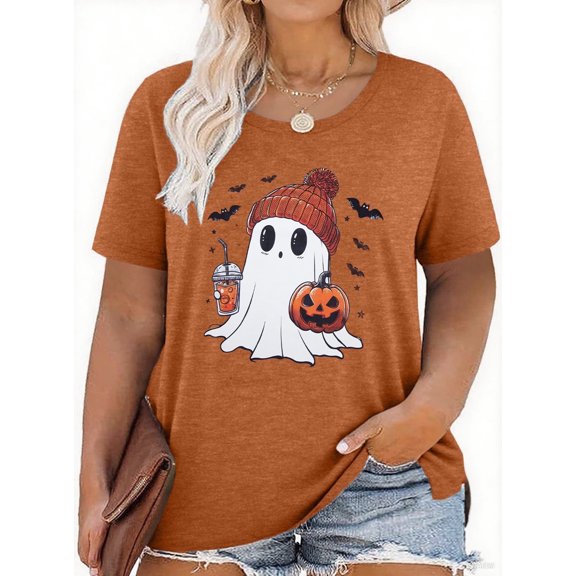 DEXIO Womens Plus Size Tops Halloween Shirts for Women Cute Ghost Shirt Fall Pumpkin Tshirt Coffee Lover Graphic Tees casual Short Sleeve Tops,1X