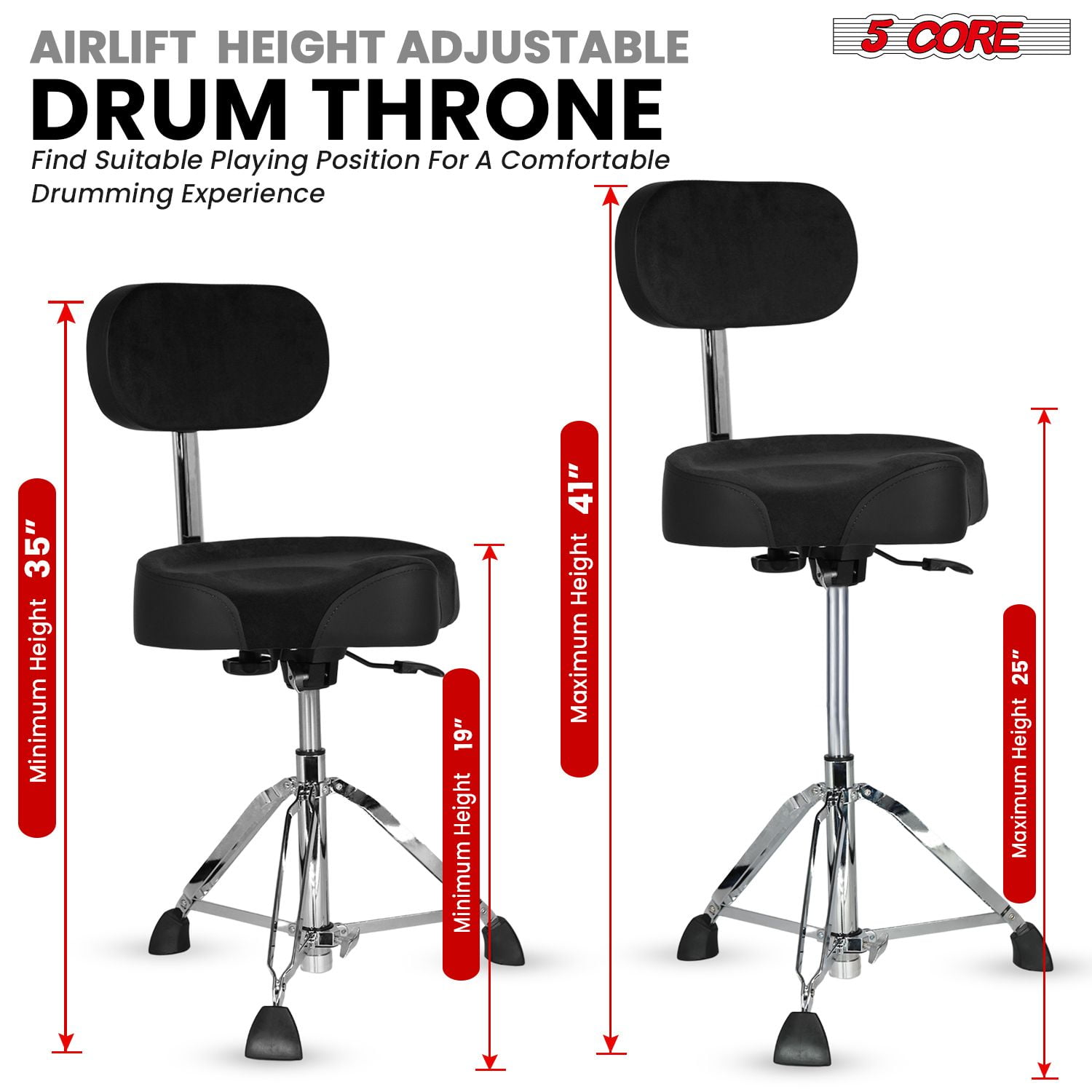 Drum Throne with Backrest, 4" Padded Stool with Airlift Adjustment 19"-25", 441Lb Capacity Heavy-Duty Drum Stool for Drummers, Double-Braced Steel Base