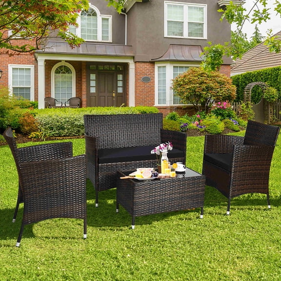 Costway Ensemble de Mobilier de Jardin en Rotin Noir, Comprenant un Canapé, un Fauteuil et une Table Basse Rembourrés.